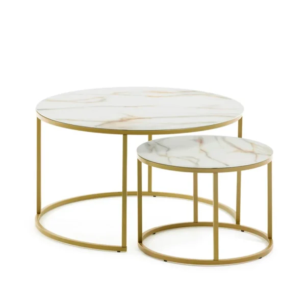 La Forma Table Basse Gigogne Ronde (lot De 2) Effet Marbre Blanc Et Fer Doré – Léonor 1