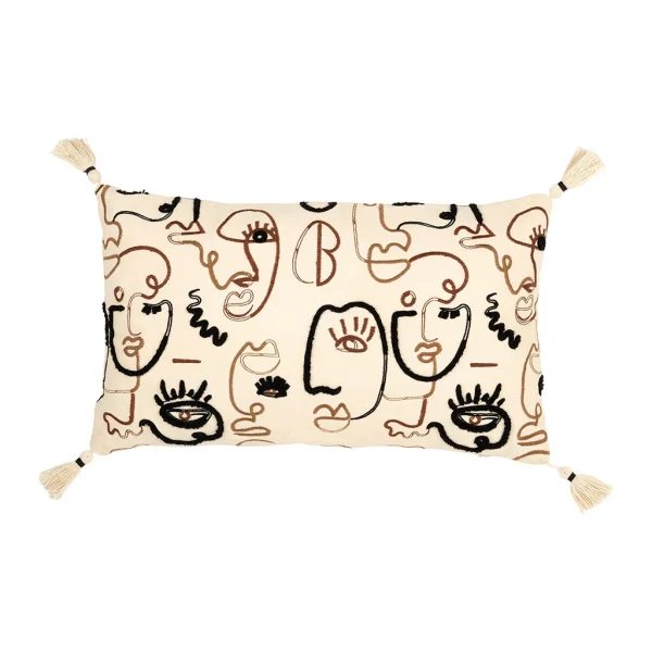 SEMA DESIGN Housse De Coussin Rectangulaire Visage Brodée écru, Brun Et Noir 50x30cm – Terre Brulée 1